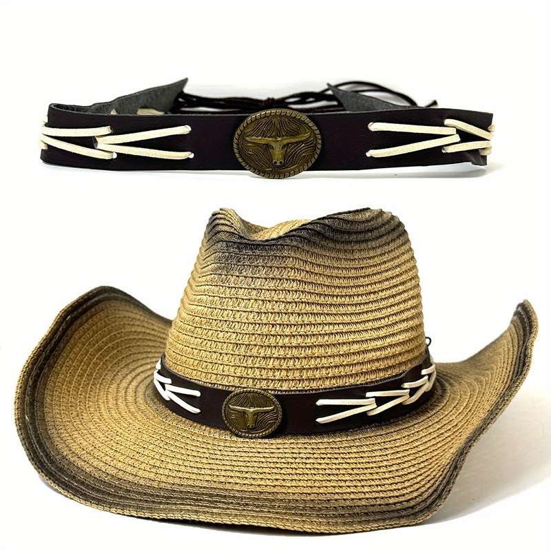 1pc Western Cowboy Hat with Stylish Bull Skull Design Faux Leather Band Polyester Woven Stra