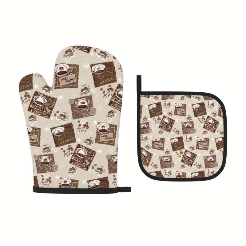 2pcs Coffee Time Oven Mitts Potholders Heat-Resistant Machine Washable Polyester with Fun