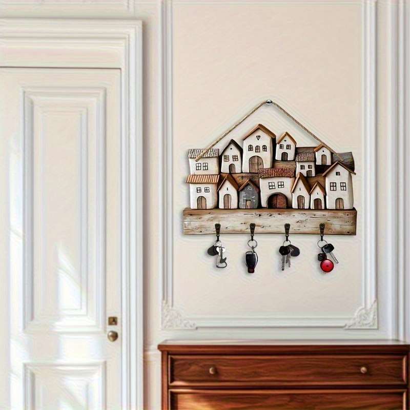 1pc Warm Small Village Wooden Key Rack Wall Decoration-29.97 cmX 22.86cm Rustic Bohemian Style with