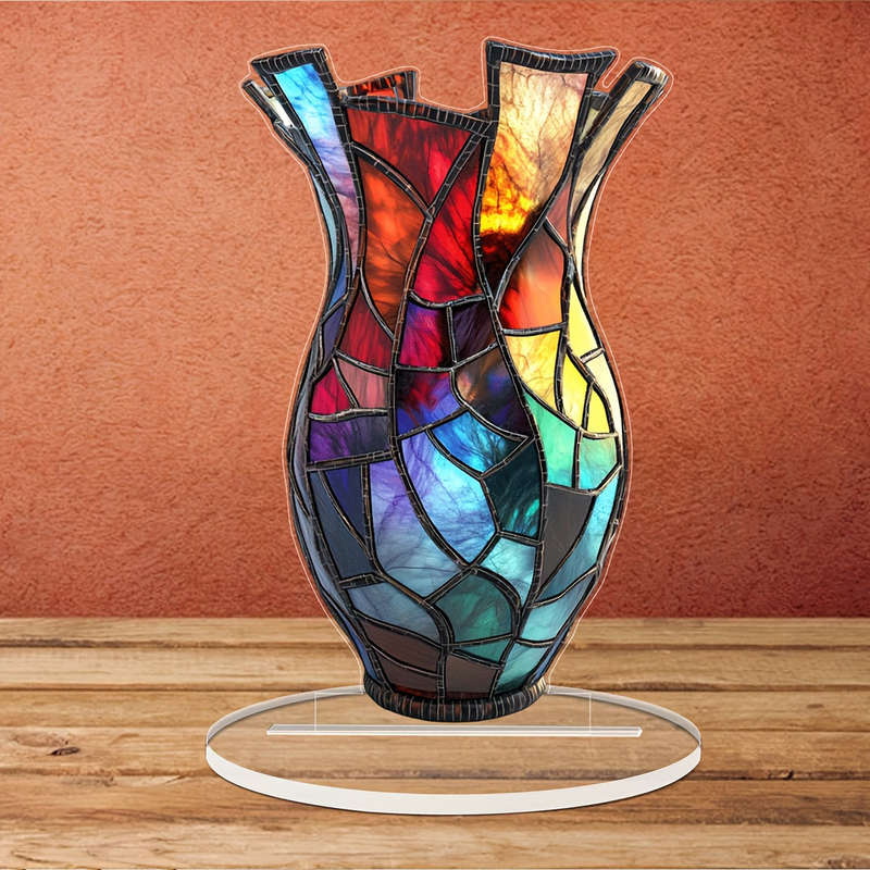1pc 2D Flat  Colorful Stained Glass Acrylic Vase 11.18cm x 18.03cm Mosaic Design Dark Base with