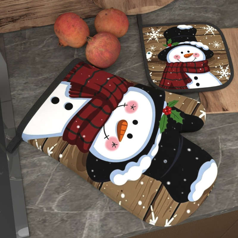 2pcs Christmas Snowman Oven Mitts Heat Resistant 26.92x17.02 cm Festive Snowman Snowflake