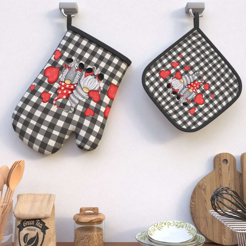 2pcs Valentine's Day Oven Mitts Potholders Heat-Resistant Black White Checkered with Red