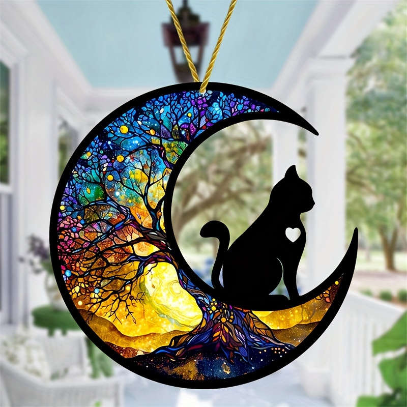 1pc 2D Flat  Stained Glass Style Cat Moon Acrylic Sun Catcher Vibrant Bohemian Window Hanging wit
