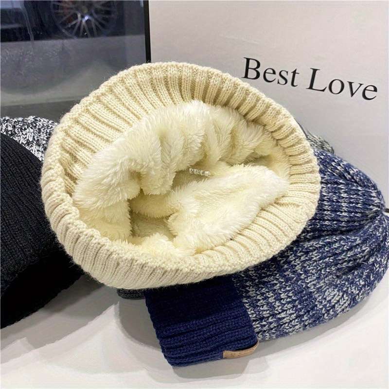 1pc Winter Warmth Plus Velvet Beanie Hat for Men Thickened Ear Protection Knit Cap 100% Polye