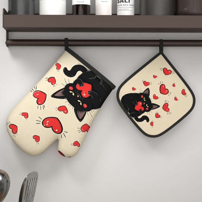 2pcs 26.92x17.02 cm Heat Resistant Oven Mitts And Potholders Fun Creative Picture Cat Holding R