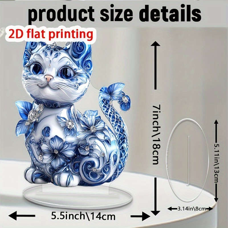 1pc 2D Flat   Bohemian-StylePrinted Acrylic Cat Figurine with Blue Floral Gemstone Ac