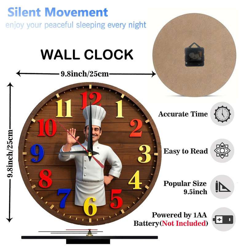 1pc Charming Vintage Chef-Themed Silent Wooden Wall Clock Rustic Farmhouse Decor 24.89cm Round