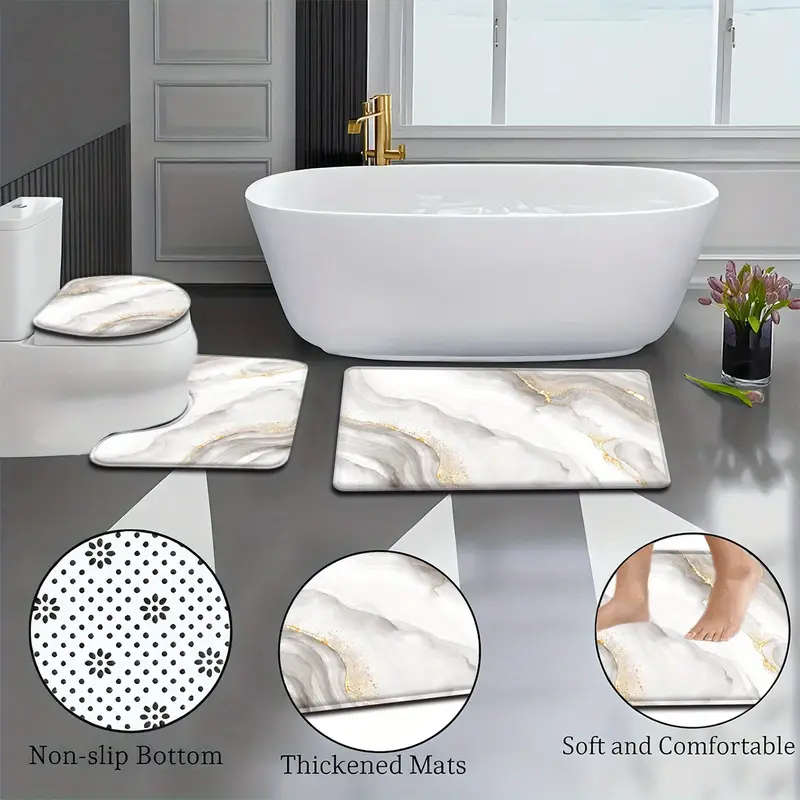 3-Piece White Marble Bathroom Mat Set