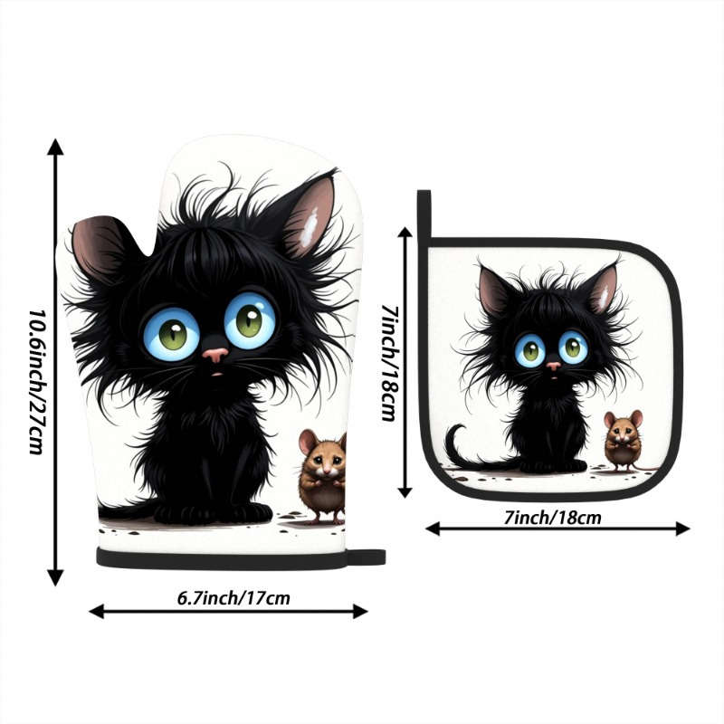 2pcs Heat-Resistant Oven Mitts Potholders Cute Black Kitten Brown Mouse Design 26.92x17.