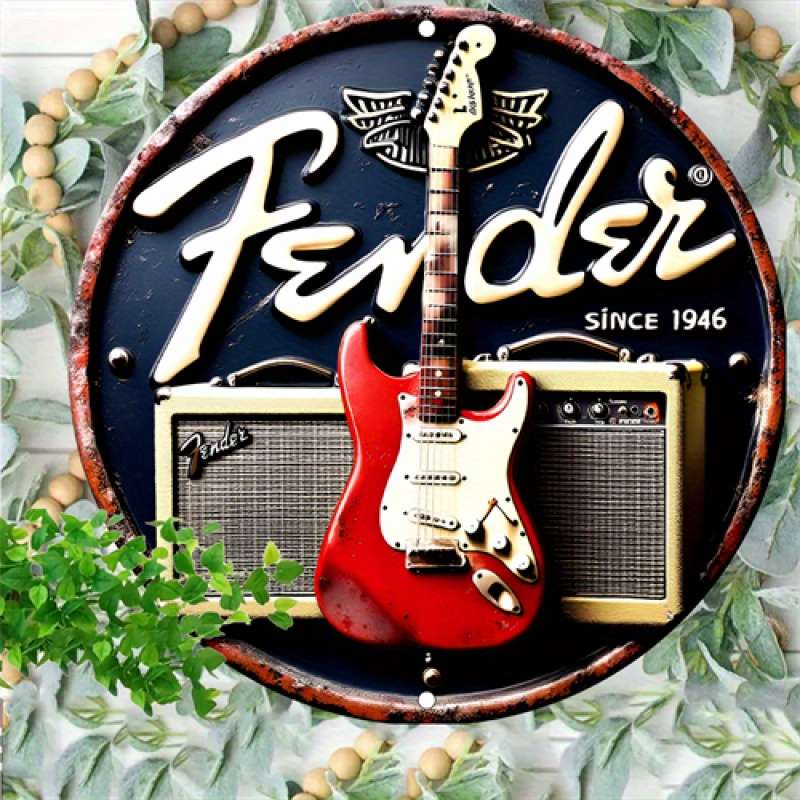 1pc  Vintage Fender Guitar Metal Tin Sign 20.32x20.32 cm Round Aluminum Wall Art Retro Music T