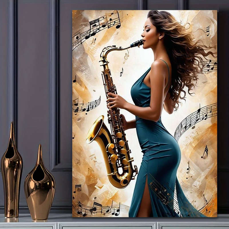 1pc  Stylish Saxophone Player Canvas Art Graceful Female Musician in Teal Dress with Flowing Hai