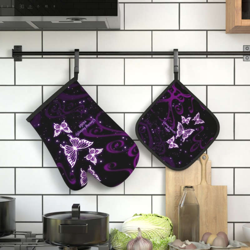 2pcs Purple Dream Butterfly Polyester Oven Mitts Heat Resistant Pot Holders Machine Washable