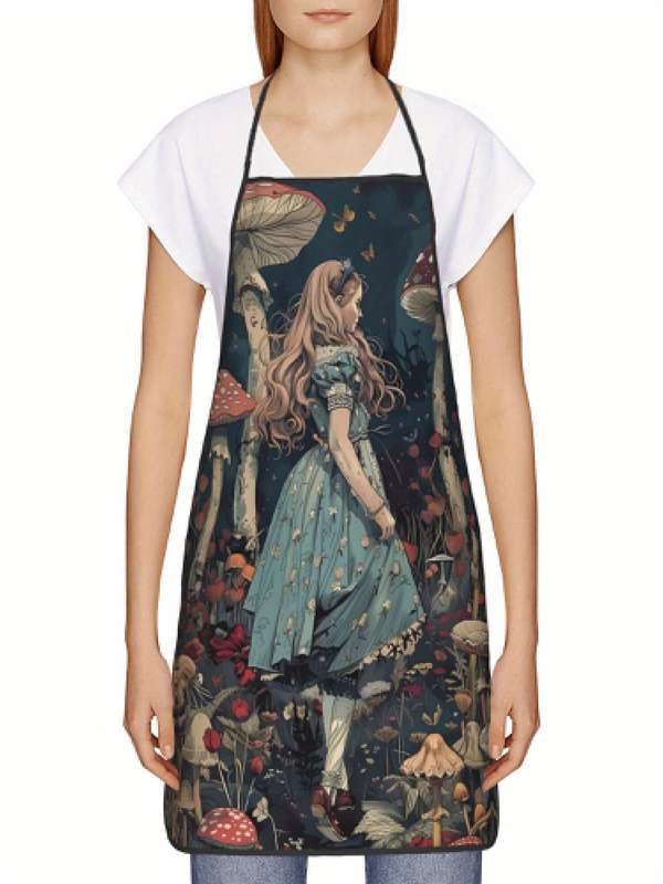 1pc Vintage Style Woven Polyester Apron 100% Polyester Fabric with Whimsical Mushroom and Floral