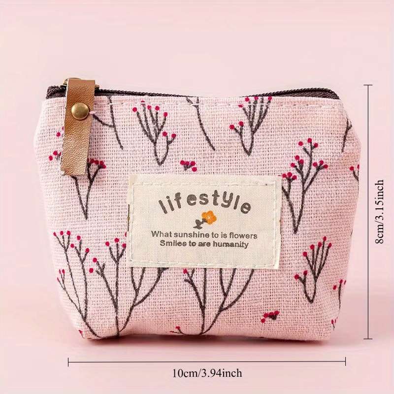 1pc Chic Floral Canvas Coin Purse Key Pouch Compact Zippered Wallet with Earphone Storage Ligh