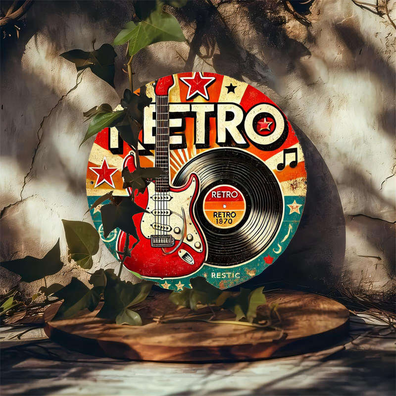 1pc Vintage Guitar and Vinyl Record Design 19.81 cm Round Iron Wreath Sign Vintage Style Wall Dec