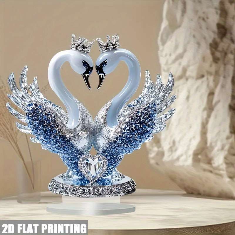 1pc 2D Flat   Ornate Style Acrylic Swan Statue with Heart Shaped Crown Romantic Desktop Decorat