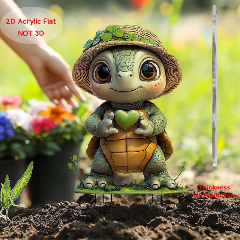 1pc 2D Flat    PrintingCute  Acrylic Turtle Garden Stake with Four Leaf Clover Vivi