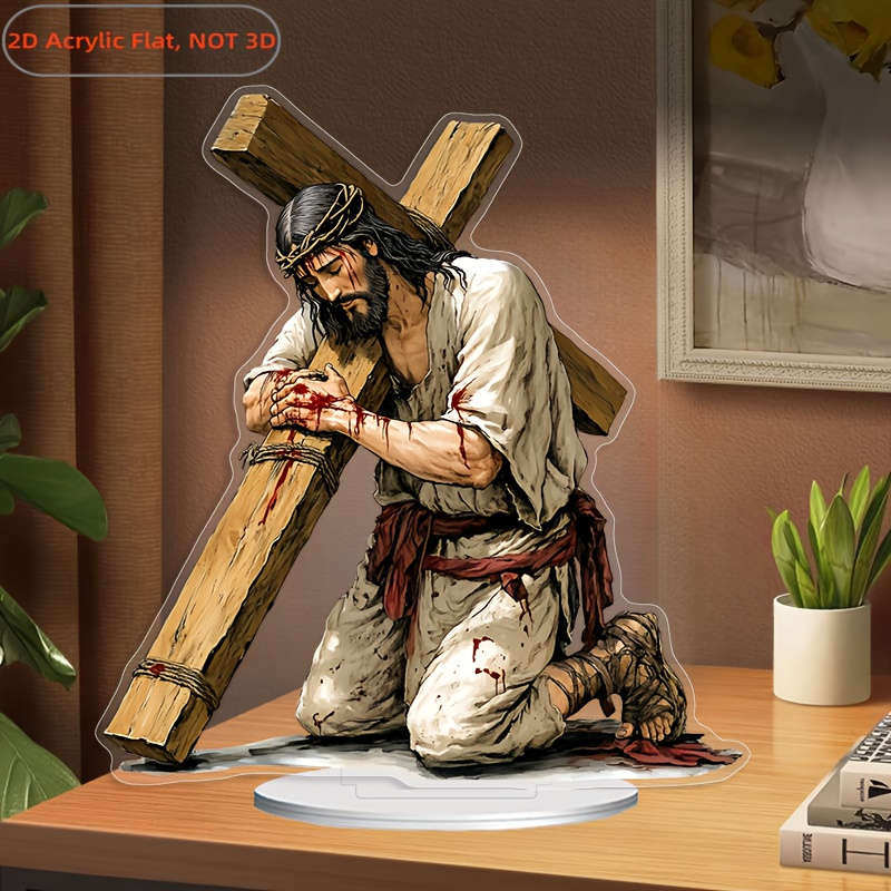 1pc 2D Flat   Acrylic Jesus Crucifixion Desk Statue with Detailed Blood-Stained Clothing Design