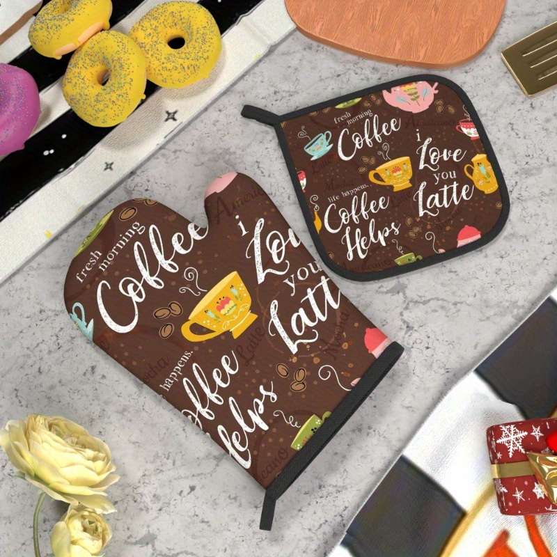 2pcs Vintage Coffee Pastry Design Oven Mitts and Pot Holders 26.92x17.02 cm Heat Resistant