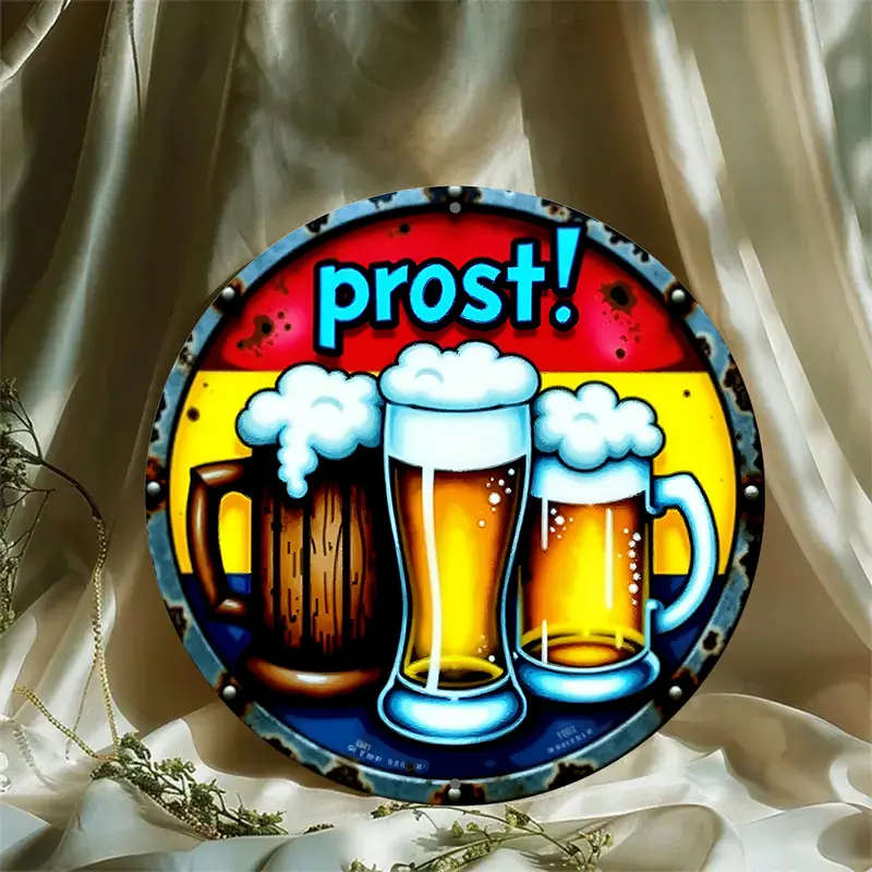 1pc Festive Beer Mug Metal Sign 20.32x20.32cm Round Aluminum Wall Art with Prost Greeting Ideal for