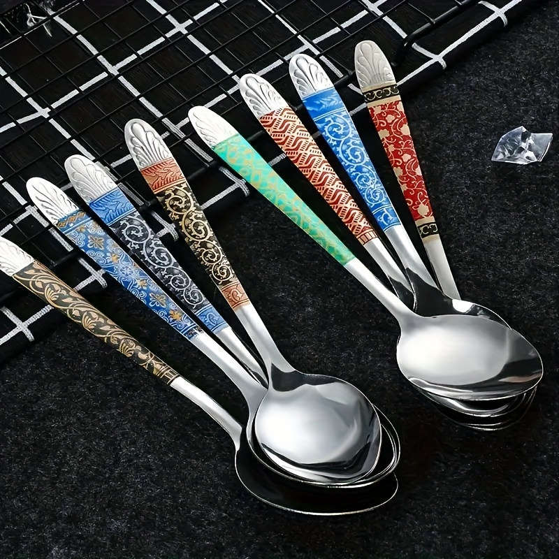 10pcs Elegant Multicolor Stainless Steel Soup Spoons Vintage Print Durable Easy to Clean R