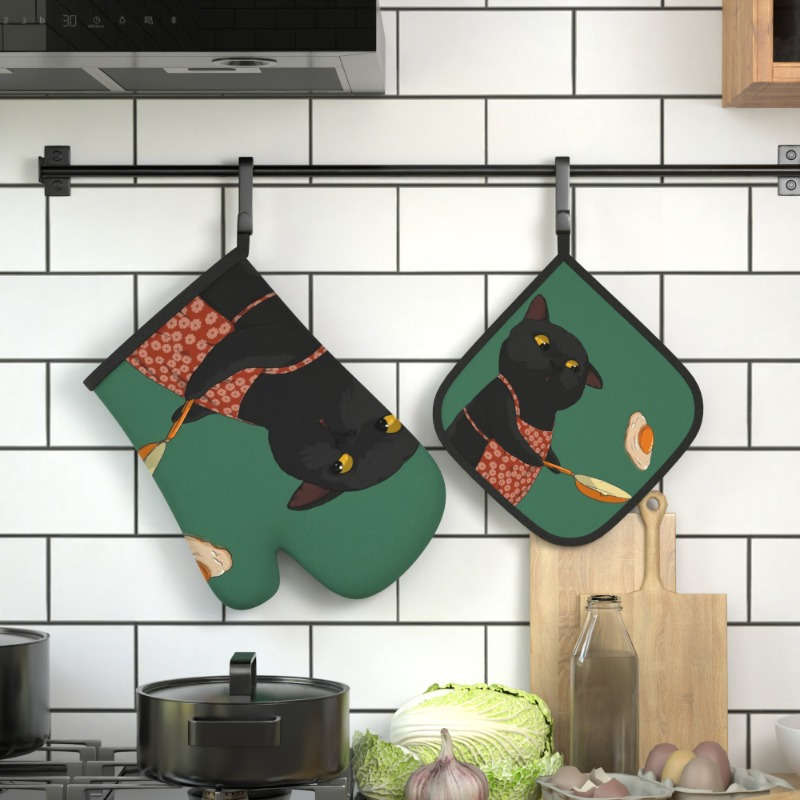 2pcs Cute Black Cat Oven Mitts Pot Holders Heat Resistant Polyester Machine Washable Pl