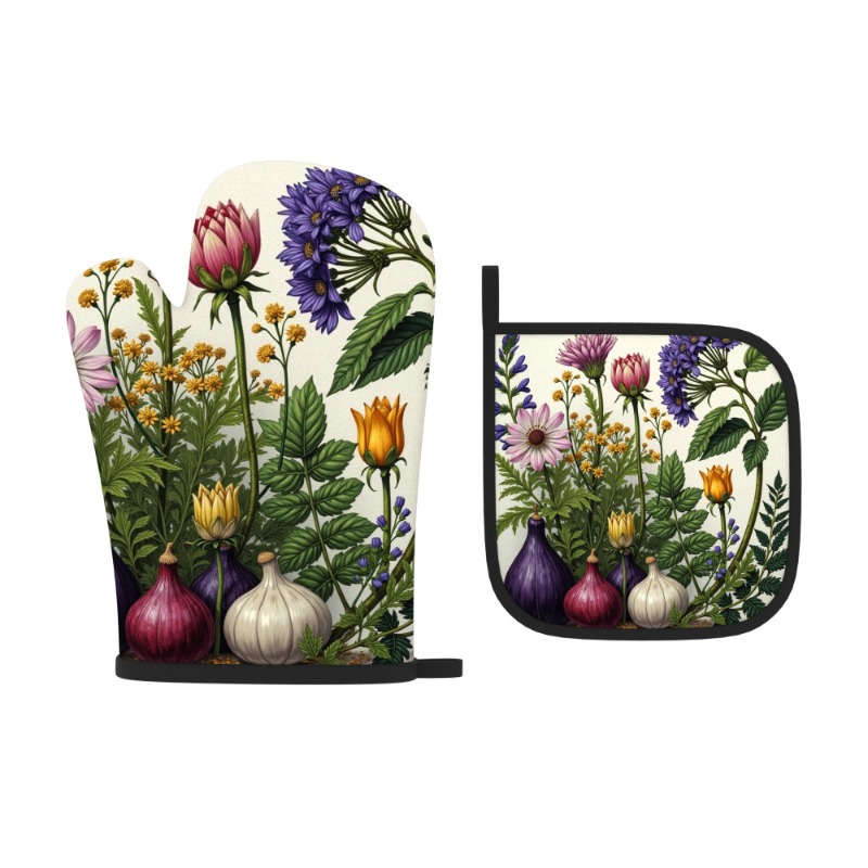 2pcs Watercolor Floral Polyester Oven Mitts Heat Resistant Woven Potholders for Kitchen Decor