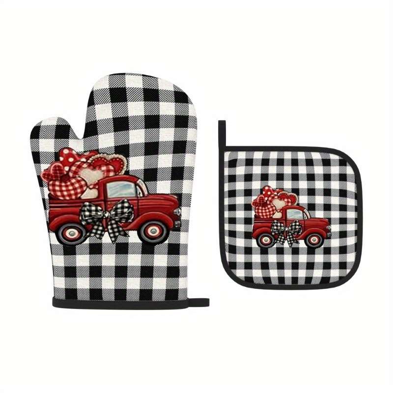 2pcs 26.92x17.02 cm Oven Mitts And Potholders Happy Valentine's Day Black and white checkered T