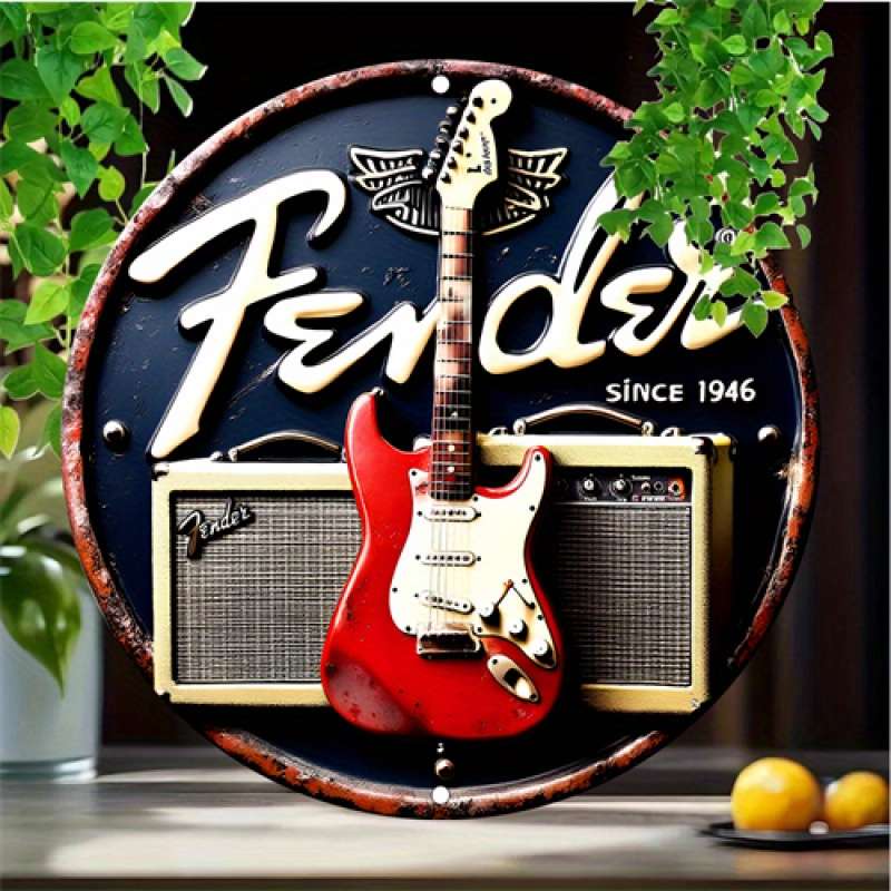 1pc  Vintage Fender Guitar Metal Tin Sign 20.32x20.32 cm Round Aluminum Wall Art Retro Music T
