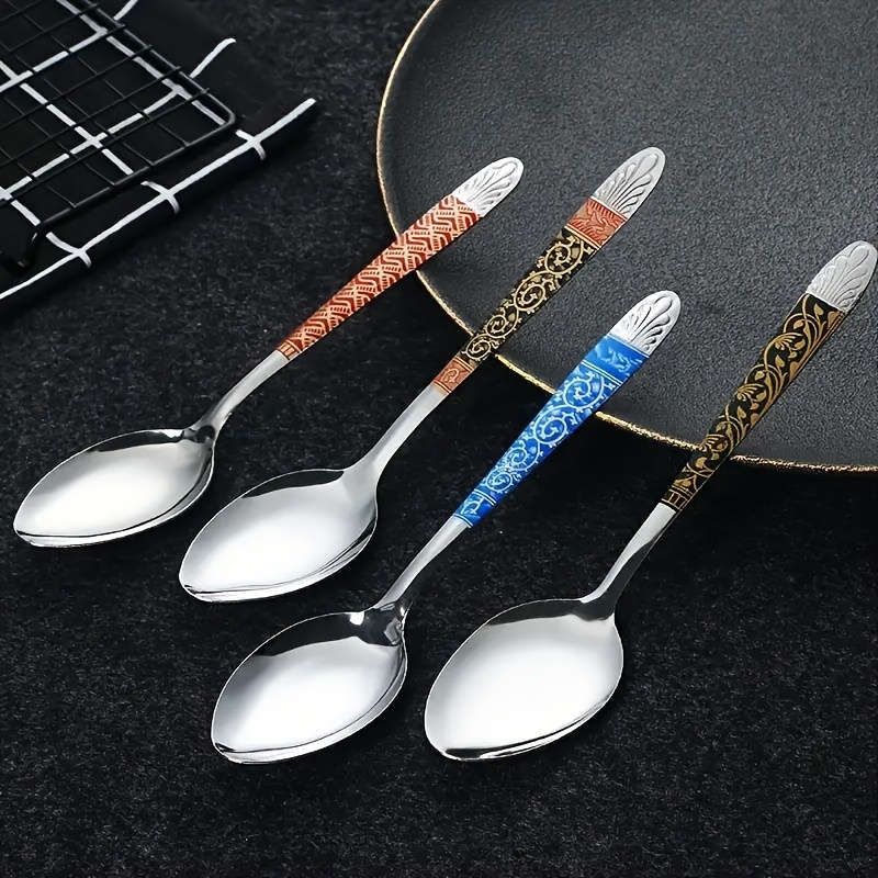 10pcs Elegant Multicolor Stainless Steel Soup Spoons Vintage Print Durable Easy to Clean R