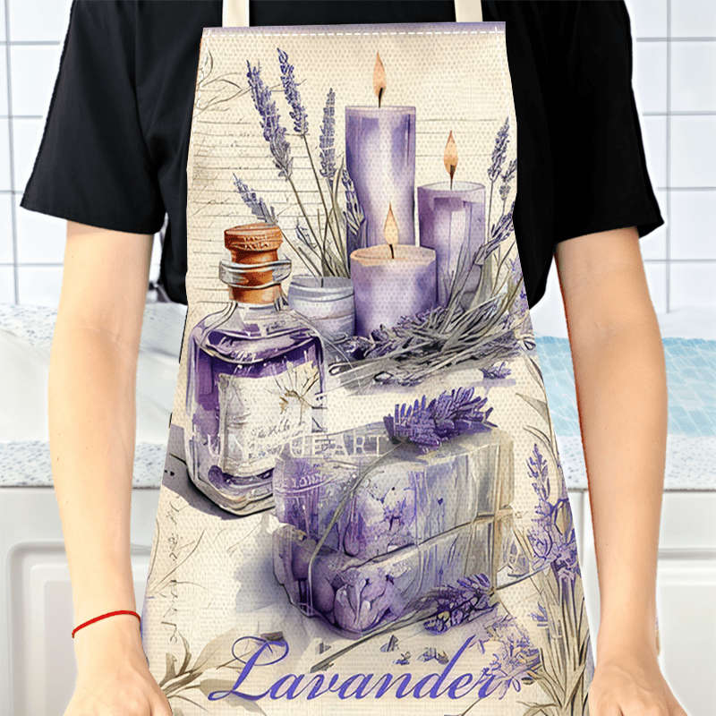 1pc Vintage Lavender Perfume Print Large Apron Sleeveless Durable Linen Kitchen Apron for Cooking