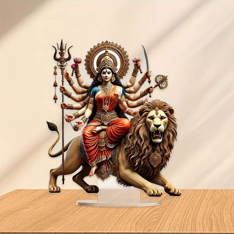 1pc 2D Flat   of Lion Acrylic Statue Durga a Vibrant Multi-Armed Hindu Goddess Symbolizing