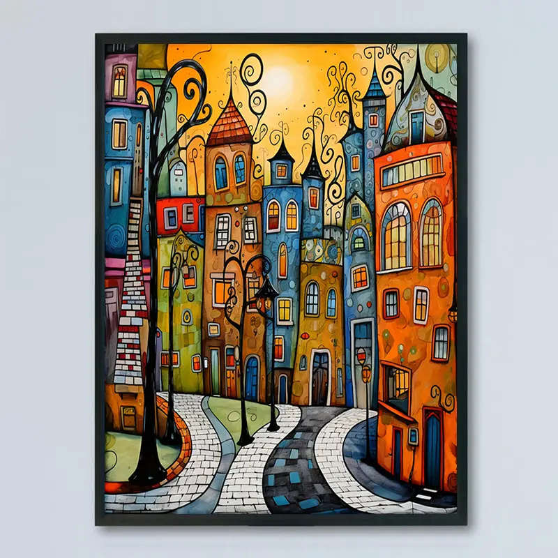 1pc Vibrant Frameless Canvas Art Print Whimsical Street Scene with Colorful Buildings Ideal for Fest
