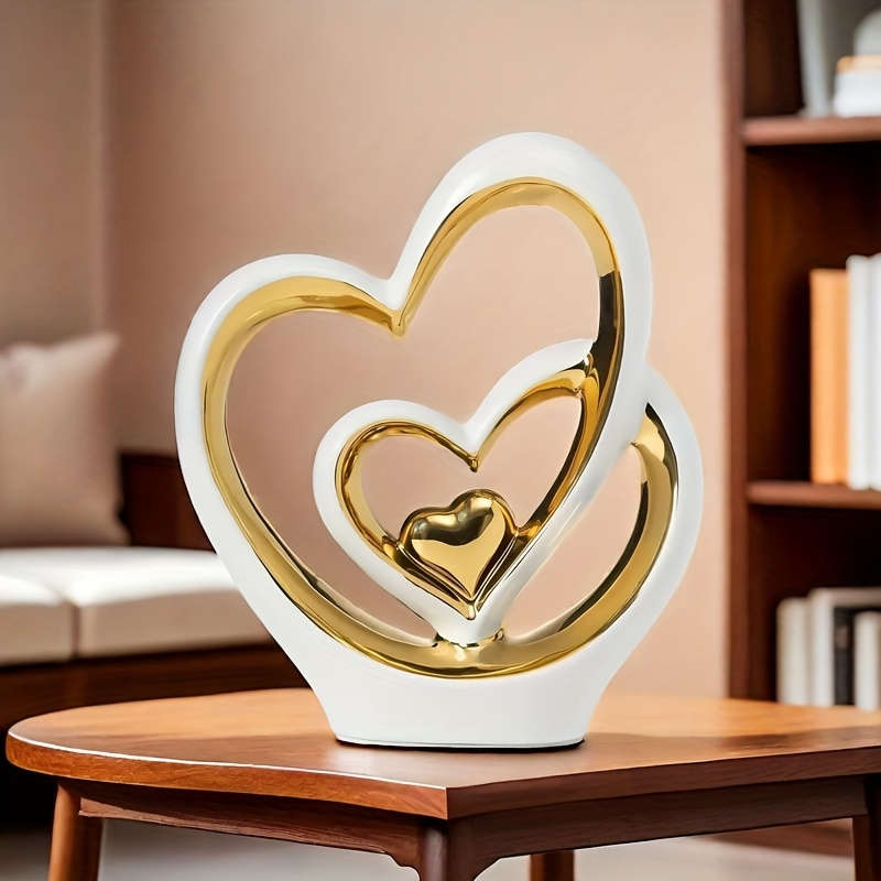 1pc 2D Flat   Acrylic Double Heart Decorative Piece Elegant White Golden Intertwined Hea