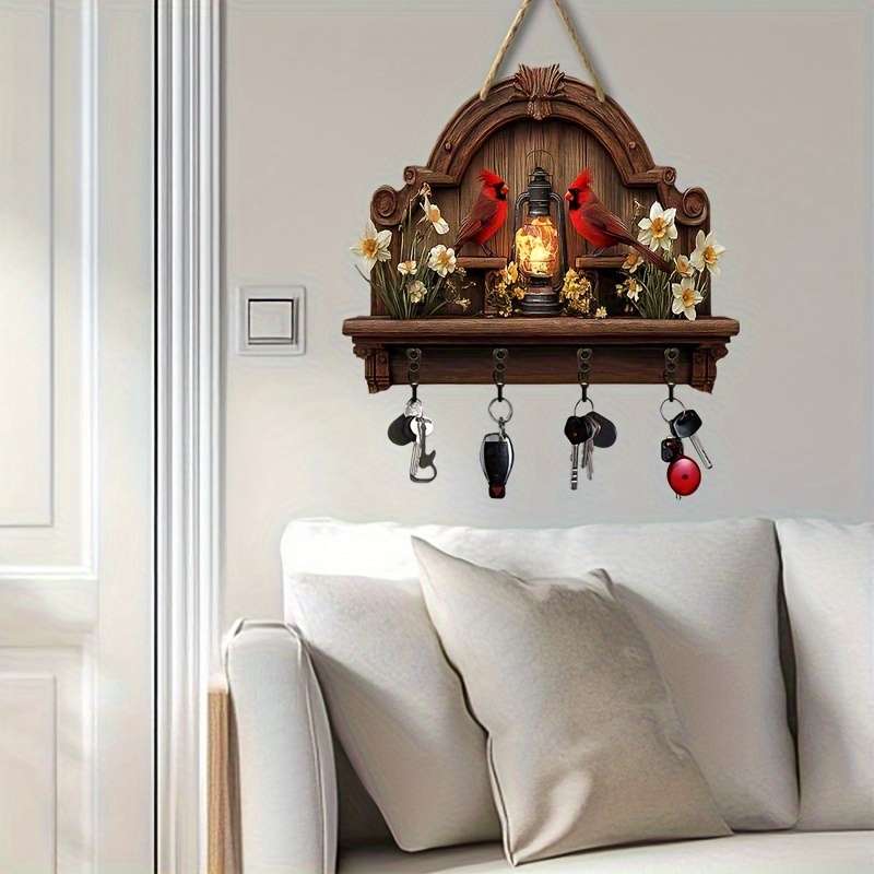 A Piece Featuring a Cardinal a Simple Colorful Wooden And Home Key Hook with Four Metal Hooks (30.0