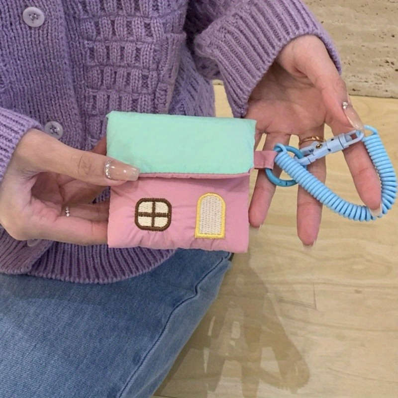 1pc Cute House-Shaped Keychain Pouch Mini Polyester Storage Bag with Rope Closure Pastel Colors