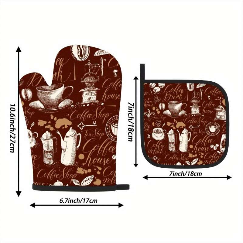 2pcs Vintage Coffee-Themed Heat-Resistant Oven Mitts Pot Holders 26.92x17.02 cm Brown with