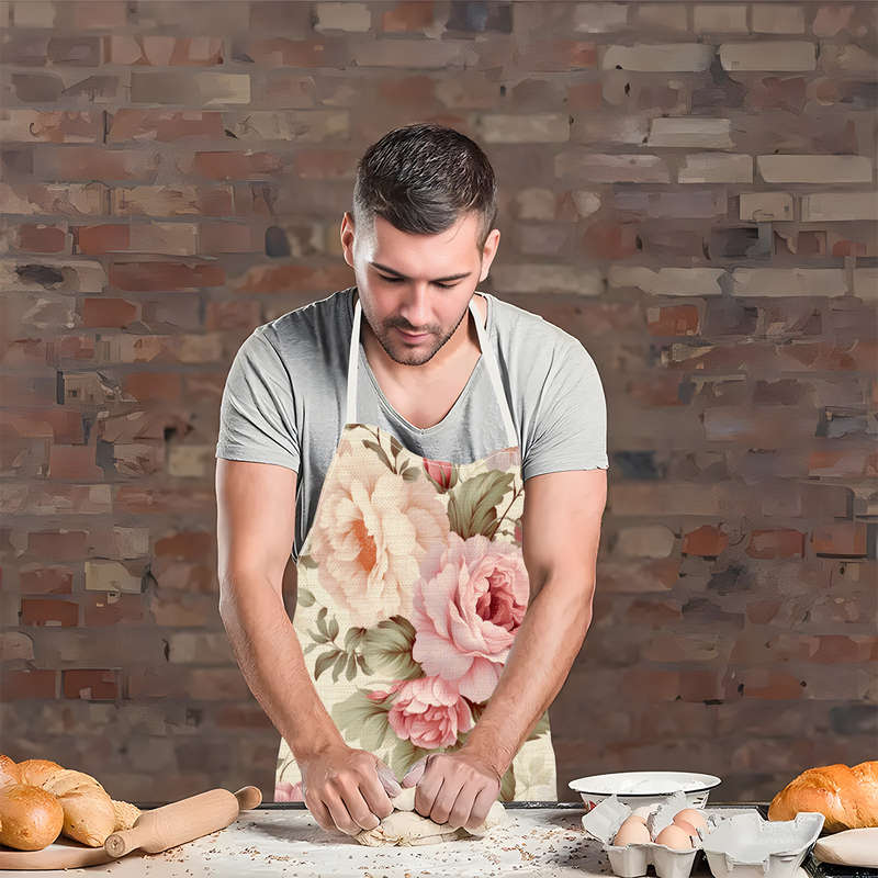 1pc Elegant Floral Linen Apron Peony Blossom Print Lightweight Durable for Cooking Baki