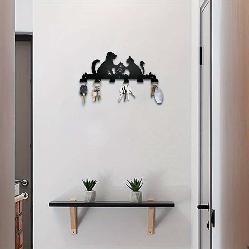 1pc Whimsical Cat  Dog Metal Wall Hook RackContemporary Black Silhouette Design with 6 Hooks for