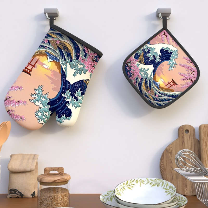 2pcs Set Cherry Blossom Oven Mitts Pot Holders 26.92x17.02cm Heat Resistant Non-Slip Kitch