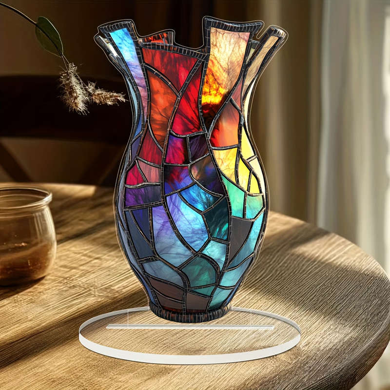 1pc 2D Flat  Colorful Stained Glass Acrylic Vase 11.18cm x 18.03cm Mosaic Design Dark Base with