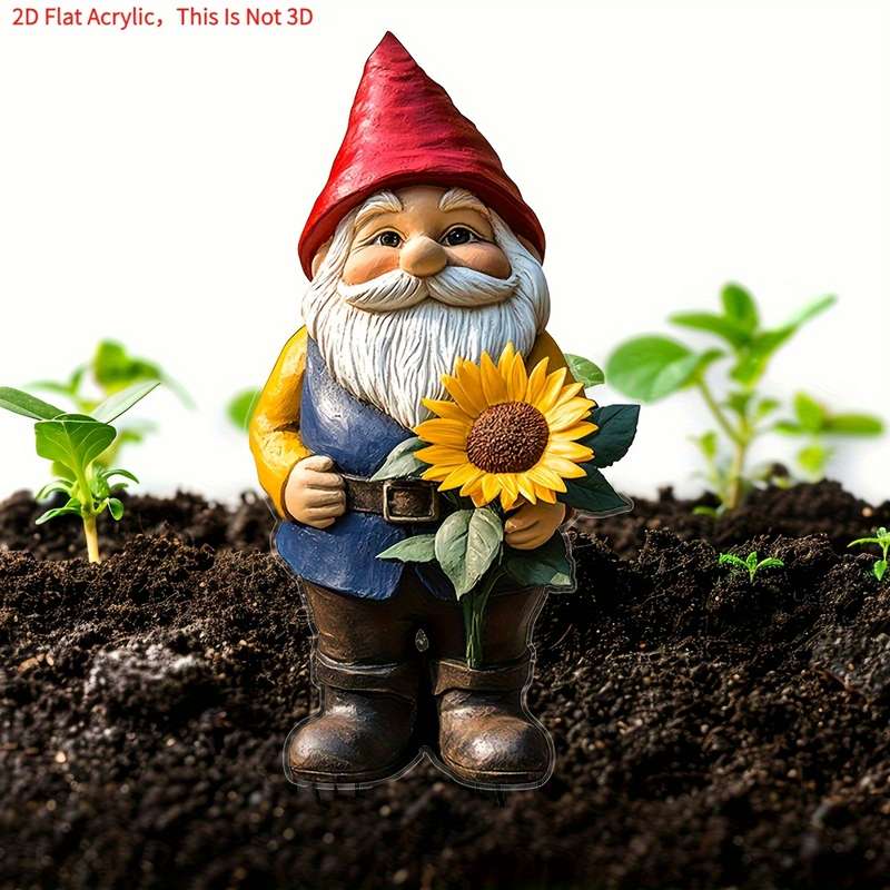 1pc 2D Flat   Charming Sunflower Garden Gnome  Acrylic Yard Stake Bonsai Decor Whimsical