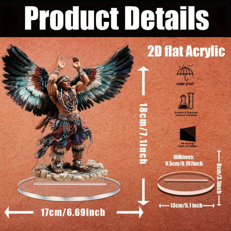 1pc 2D Flat  Acrylic Native American Warrior Figure with Vibrant Feathered Wings Inspirational Boh