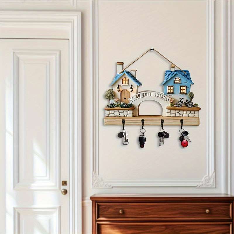 1pc Bridge Cottage- Household Wooden Key Rack( 29.97cm x 22.86cm) Comes with Four Metal Hooks- Mul