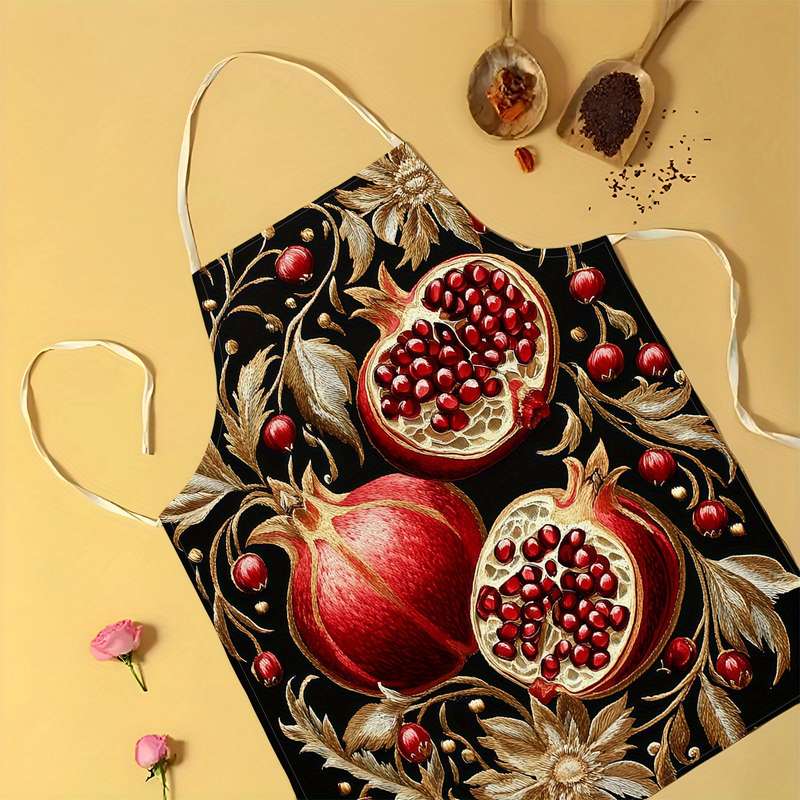 1pc Elegant Pomegranate Golden Leaves Print Linen Apron 100% Linen Smooth Fabric Ideal fo