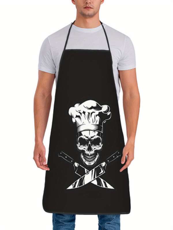 1pc Vintage Chef Skull and Crossbones Apron 100% Polyester Woven Fabric Slight Stretch Patterned