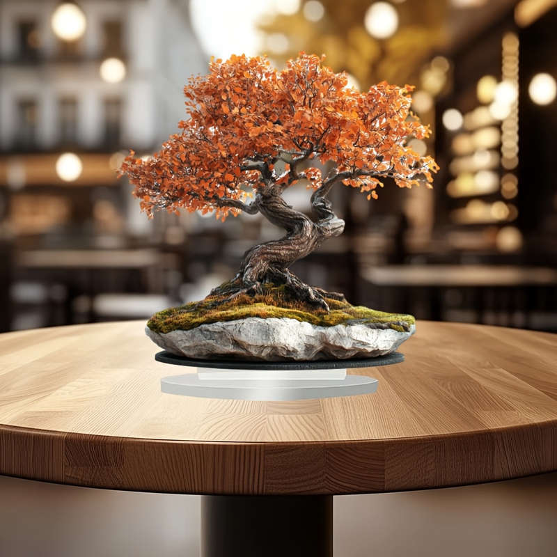 1pc 2D Flat   Acrylic Bonsai Tree with Golden Leaves Sturdy Stone Base Bohemian-Style De