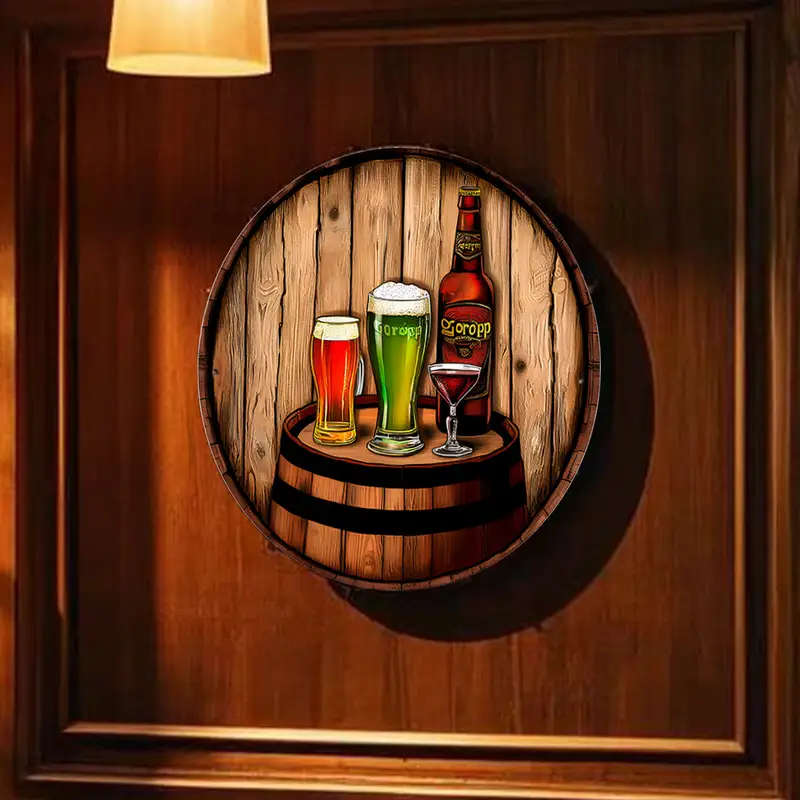 1pc Vintage Pub-Themed 20.32x20.32cm Round Aluminum Sign Rustic Beer Barrel Scene Wall Art Durable M