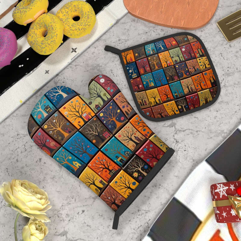 2pcs Colorful Tree Art Heat Resistant Oven Mitts and Pot Holders 26.92x17.02 cm Vibrant Patc