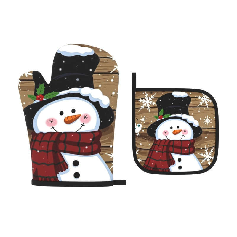 2pcs Christmas Snowman Oven Mitts Heat Resistant 26.92x17.02 cm Festive Snowman Snowflake